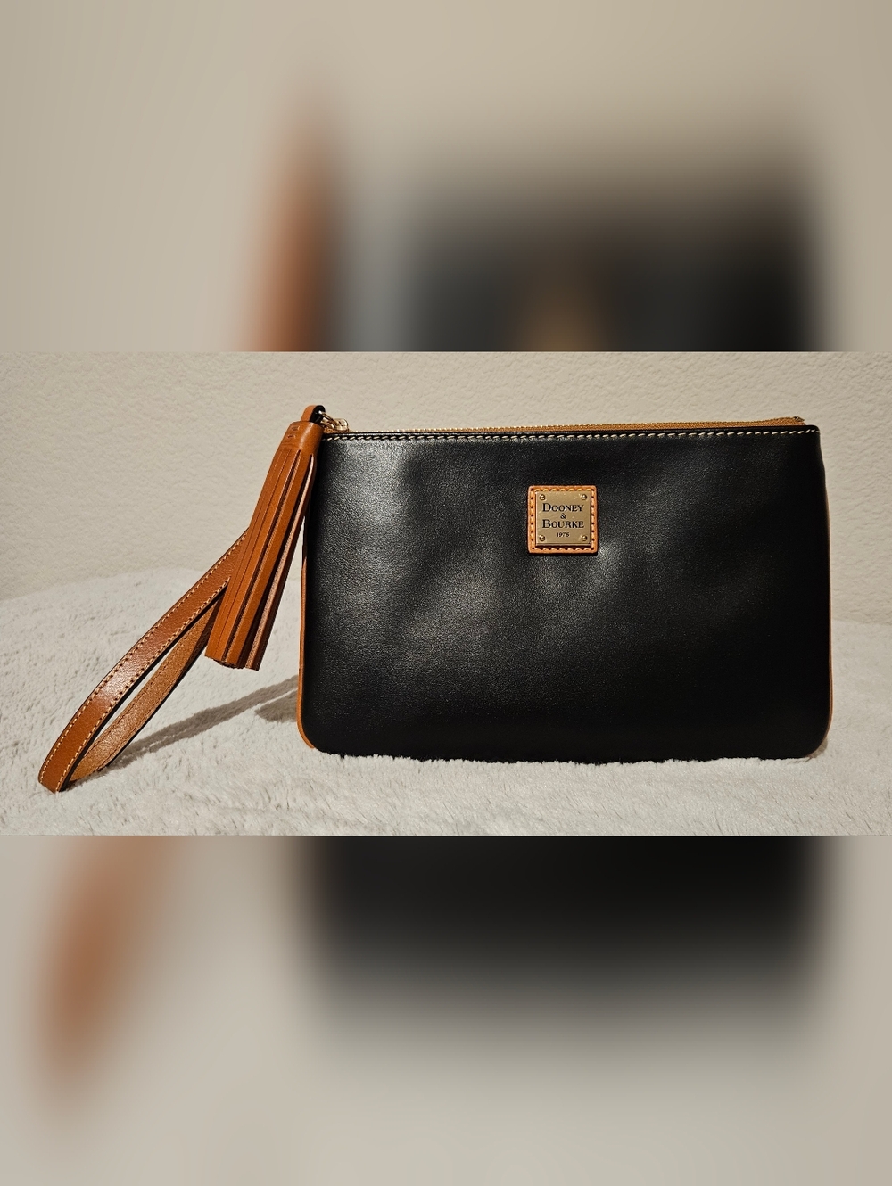 Dooney & Bourke - Black Wexford Leather Carrington Wristlet with Tan Trim